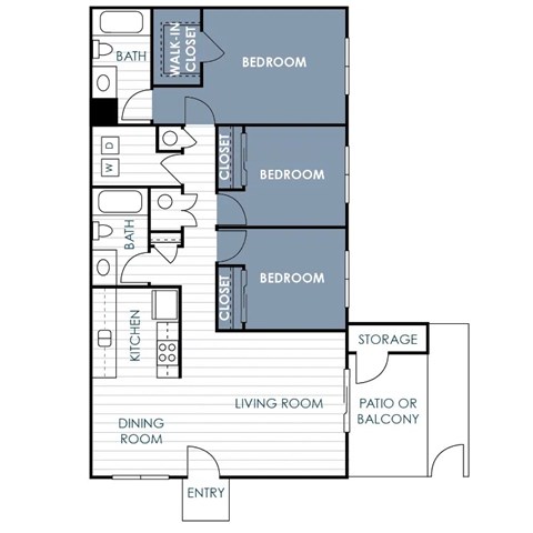Floor plan for 3 beds, 2 baths, 1125 sqft